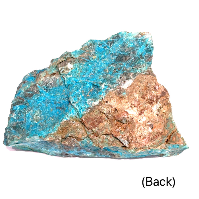 An Extra large raw blue river chrysocolla display specimen 1.58 pounds with swirling teal, blue, and green patterns on a white background, back overview.