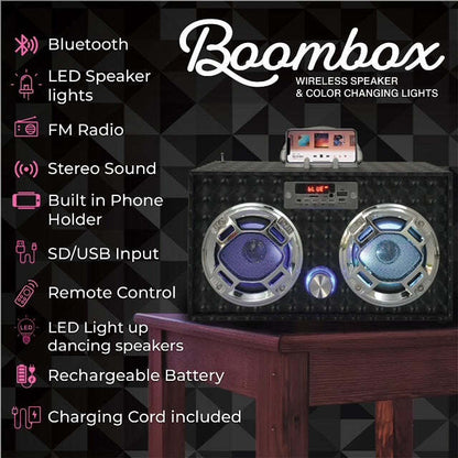 Bluetooth FM Radio W LED Speakers Black Boombox