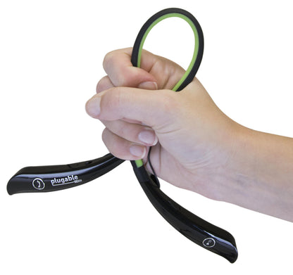 Plugable BT-HSFLEX Bluetooth headphones with flexible neckband, featuring call and play/pause control buttons.
