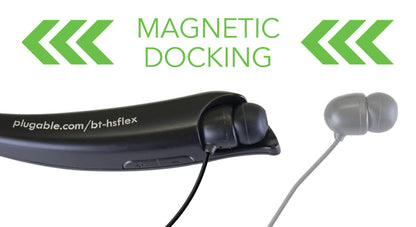 Plugable BT-HSFLEX neckband headphones featuring magnetic docking for the earbuds.