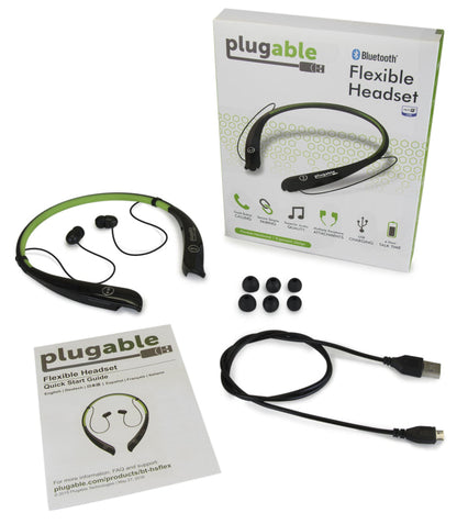 Plugable BT-HSFLEX Bluetooth headset with neckband, USB charging cable, ear tips, quick start guide, and retail box.