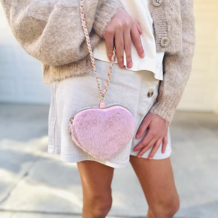 Blush Pink Fuzzy Heart Coin Purse Wrist