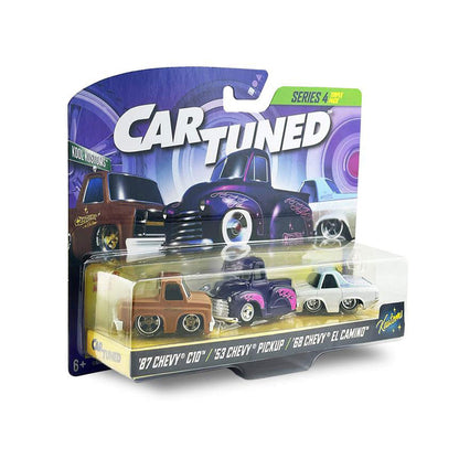 Cartuned toy car packaging with three model cars inside on a white background