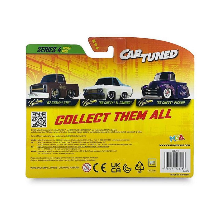 Back of packaging with three cars on a white background