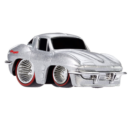 Metallic silver Chevy Corvette toy car on a white background