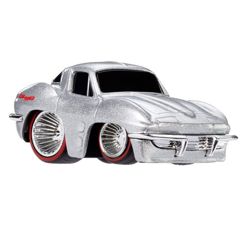 Metallic silver Chevy Corvette toy car on a white background
