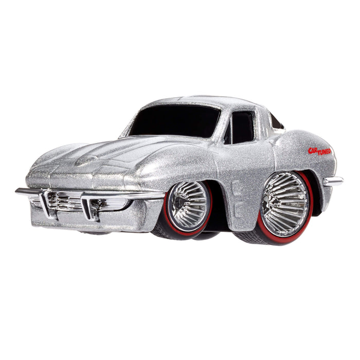 Toy car with red wheel trim on a white background