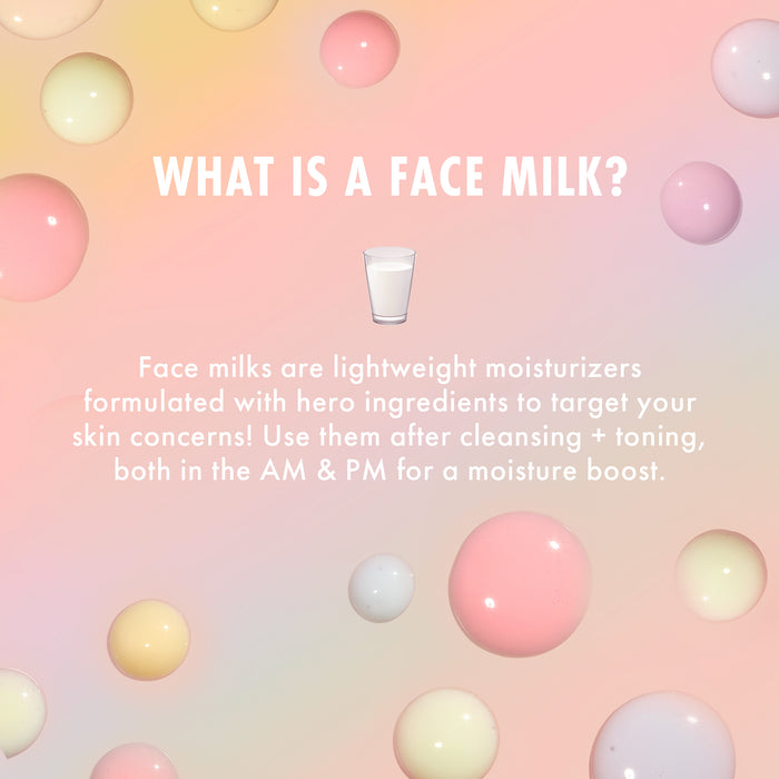ColourPop Face Milk Oat hydrates skin - lightweight moisturizer highlighted on a pastel pink‑peach gradient with floating glossy cream and blush spheres and a small milk glass icon, promoting daily AM/PM moisture boost.
