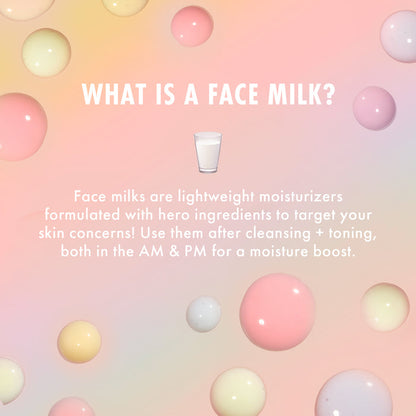 ColourPop Face Milk Oat hydrates skin - lightweight moisturizer highlighted on a pastel pink‑peach gradient with floating glossy cream and blush spheres and a small milk glass icon, promoting daily AM/PM moisture boost.