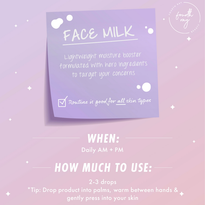 ColourPop Face Milk Oat Face Milk infographic shows usage tips - apply 2–3 drops daily AM and PM - on a lavender sticky-note style card with white bubble accents and a Fourth Ray Beauty logo over a pink‑purple gradient background.