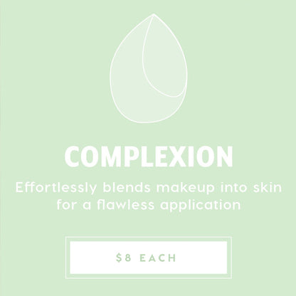 Complexion Blending Sponge blending foundation and concealer to a flawless finish, showcased on a mint-green promo card with a teardrop sponge line icon and $8 each price, part of ColourPop Makeup Tools & Accessories.