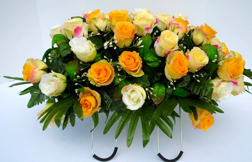 Cream and Yellow Roses Cemetery Saddle Headstone Decoration Summer Grave Decoration