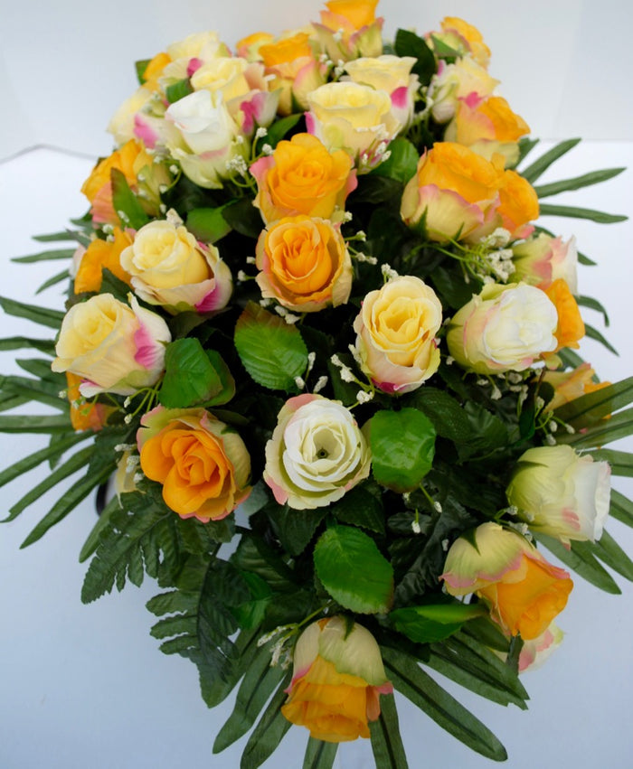 Cream and Yellow Roses Cemetery Saddle Headstone Decoration Summer Grave Decoration