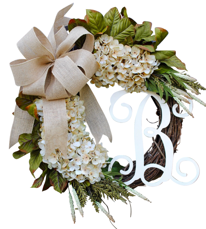 Cream Farmhouse Hydrangea w/ Monogram Initial