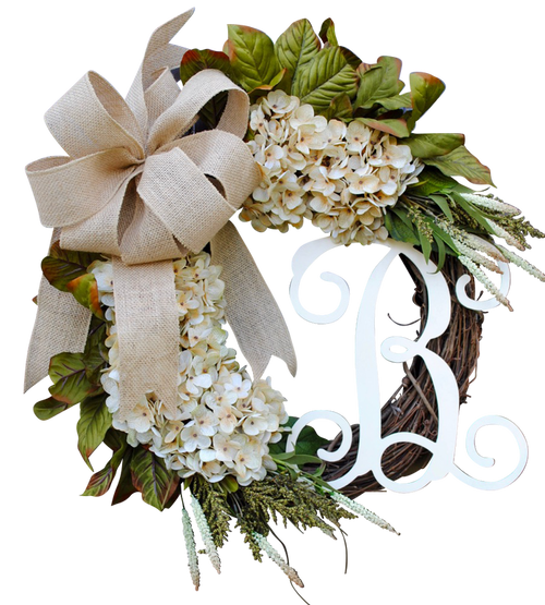Cream Farmhouse Hydrangea w/ Monogram Initial