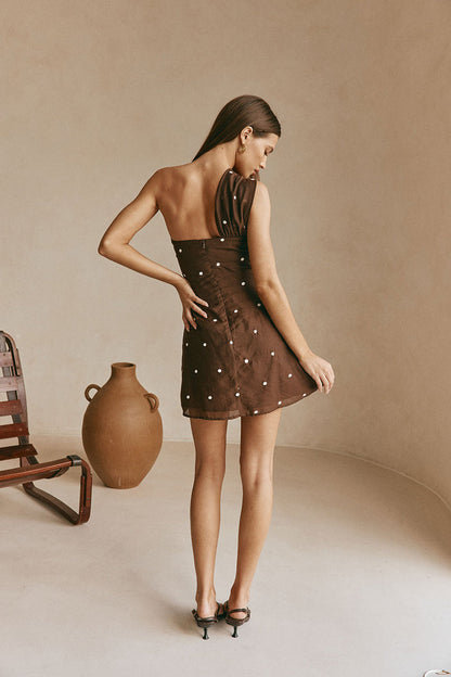 Chocolate Speck Polka Dot One Shoulder Mini Dimmi Dress