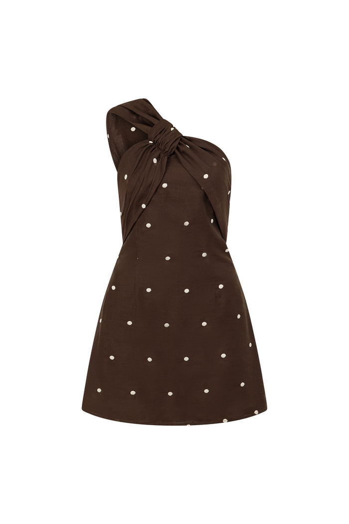 Chocolate Speck Polka Dot One Shoulder Mini Dimmi Dress
