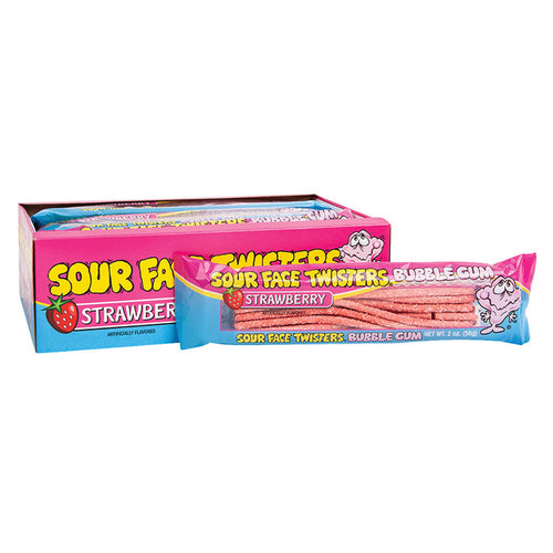 Face Twisters Strawberry Sour Bubble Gum Candy - 12 Count