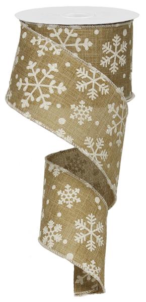 Falling White Snowflakes on Natural Beige Background-Wired Edge Christmas Ribbon 2.5" x 10yds