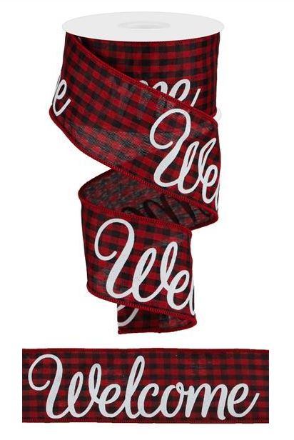 Gingham Welcome Canvas Wired Edge Ribbon, 2.5" x 10 Yards (Red, Black, White Check)
