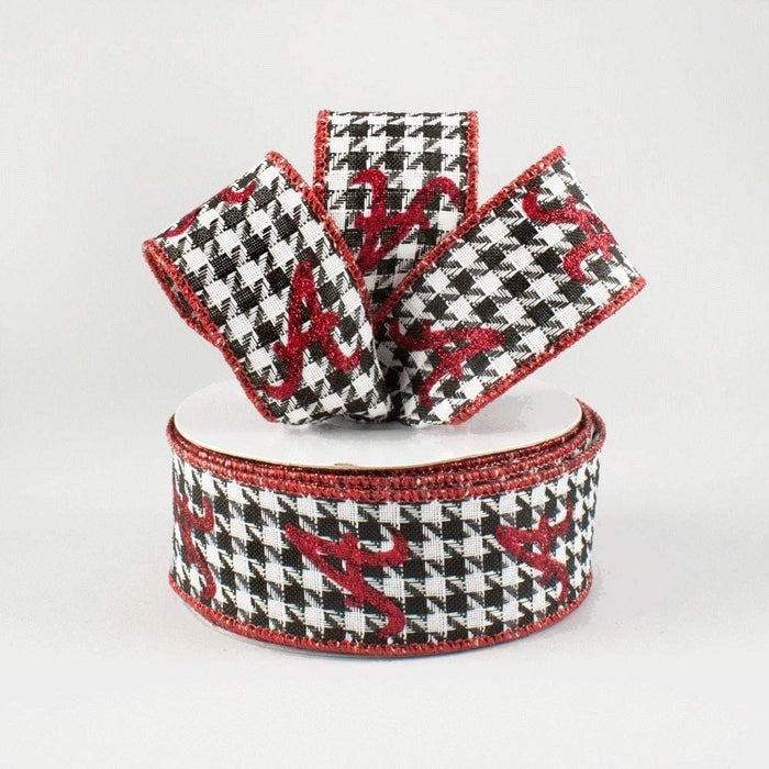 Glittery Red"A" Houndstooth Wired Gift Wrap Craft Wreath Ribbon - White, Black, Crimson Red - 1.5in X 10 Yard roll