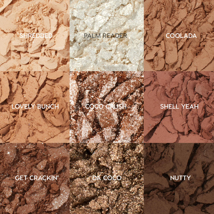 Going Coconuts ColourPop Shadow Palette showcasing nine neutral shades in a 3x3 grid - Shredded, Palm Reader, Coolada, Lovely Bunch, Coco Crush, Shell Yeah, Get Crackin’, Da Coco, Nutty - crushed pigments showing matte and shimmer from beige to deep brown.