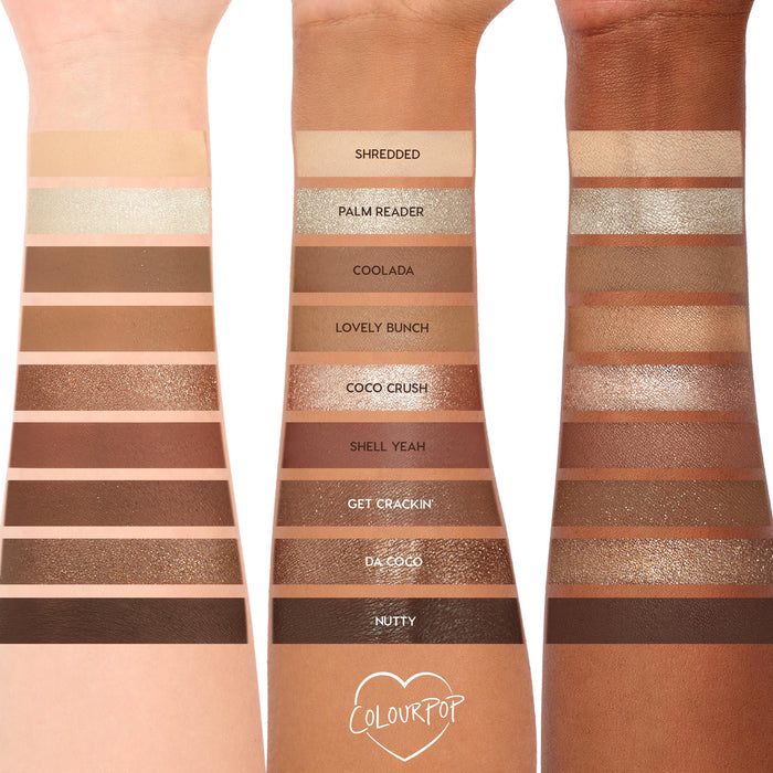 Going Coconuts ColourPop Shadow Palette swatched on three arms - light, medium, and deep skin - showing nine neutral mattes and shimmers: Shredded, Palm Reader, Coolada, Lovely Bunch, Coco Crush, Shell Yeah, Get Crackin’, Da Coco, Nutty.