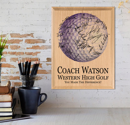 Golf Coach Gift Plaque - Personalized Signable Custom Wood Award