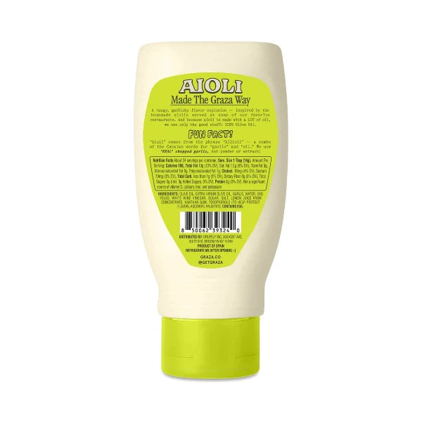 The back of an AIOLI 'Made The Graza Way' Fun Paste squeeze bottle, featuring a light green label with product details, a barcode, and a lime green cap, on a white background.