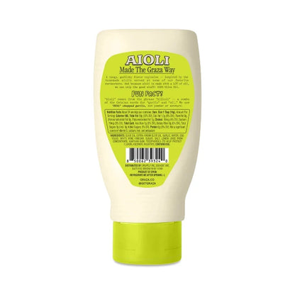 The back of an AIOLI 'Made The Graza Way' Fun Paste squeeze bottle, featuring a light green label with product details, a barcode, and a lime green cap, on a white background.