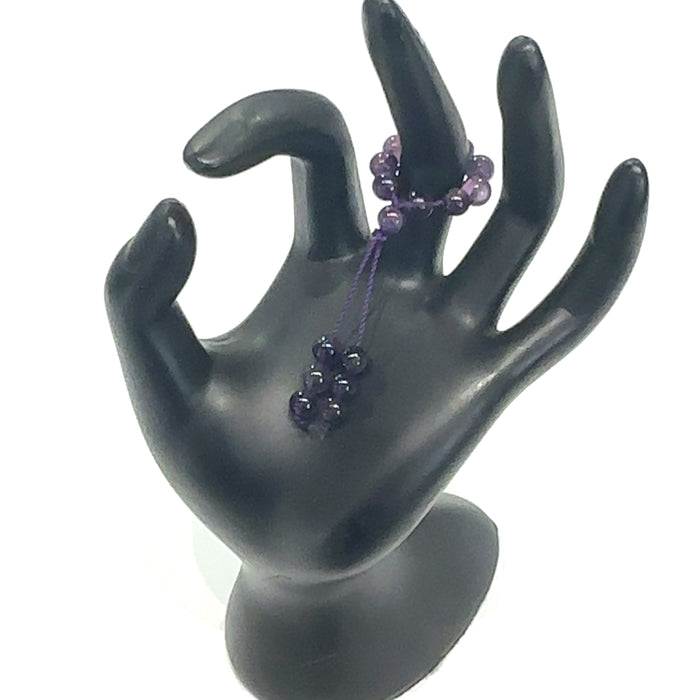 Hand-Knotted Mala Gemstone Rings Amethyst on white front view