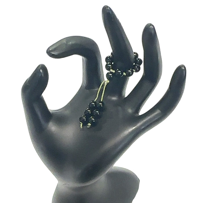 Hand-Knotted Mala Gemstone Rings Black Obsidian on white front view