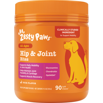 Orange bottle of Zesty Paws Hip & Joint Bites dog supplement with orange cap and yellow dog illustration on label.