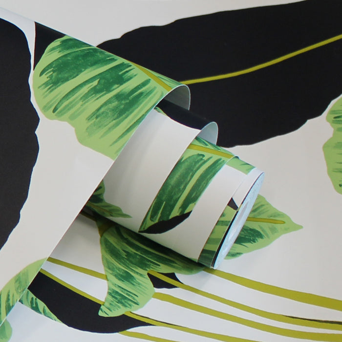 A roll of emerald Hojas Cubanas removable wallpaper from Tempaper resting on another wallpaper panel.
