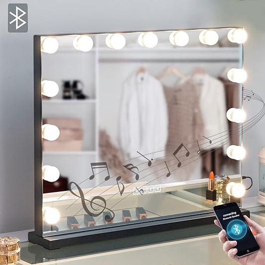 Hollywood Makeup Mirror with two bluetooth speakers | Black