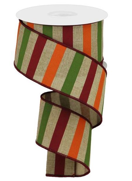 Horizontal Stripe Wired Edge Ribbon - 10 Yards (Beige, 2.5")