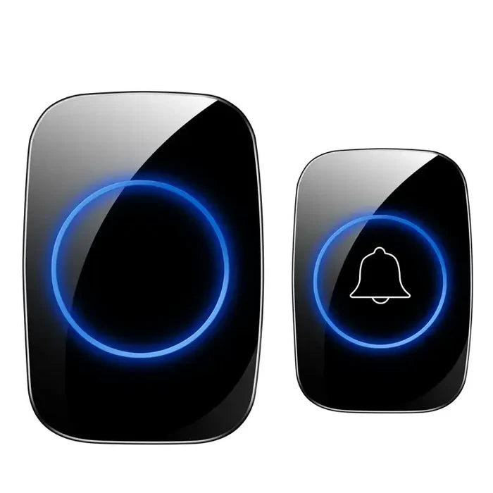 Two black and blue buttons with a bell on them