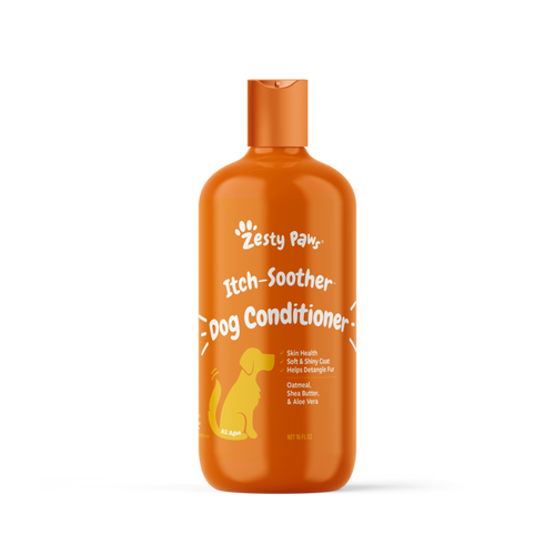 Orange bottle of Zesty Paw Itch-Soother Dog Conditioner with yellow dog silhouette and product details on label.