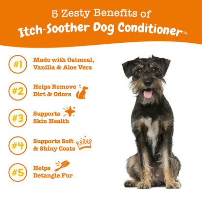 Black and tan terrier sitting, facing forward with mouth open, next to orange text listing product benefits.