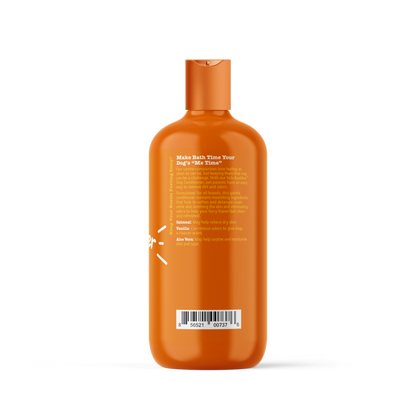 Orange plastic bottle of dog conditioner with orange cap and white text label on back.