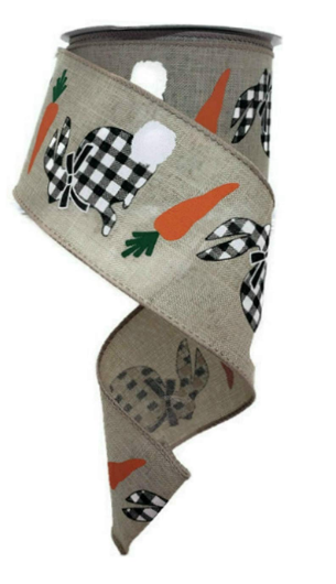 Jascotina, Inc, 2.5" Black White Check Bunny Ribbon: Lt Natural (50 Yards) Easter Ribbon