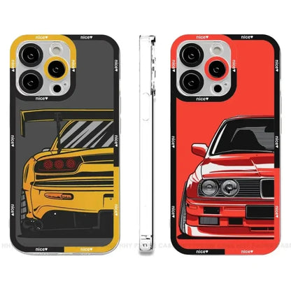 The back of a red and yellow car with a black stripe on it