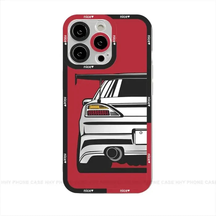 A red iphone case with a white car on it