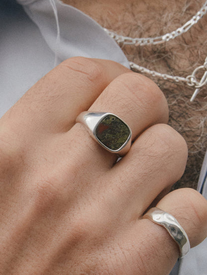 Wolf Circus Classic Unisex Men's Square Natural Gemstone Inlay Signet Moss Green Stone 925 Sterling Silver | Jules Ring in Dragon Jasper and Sterling Silver-Rings-wolfcircus.com
