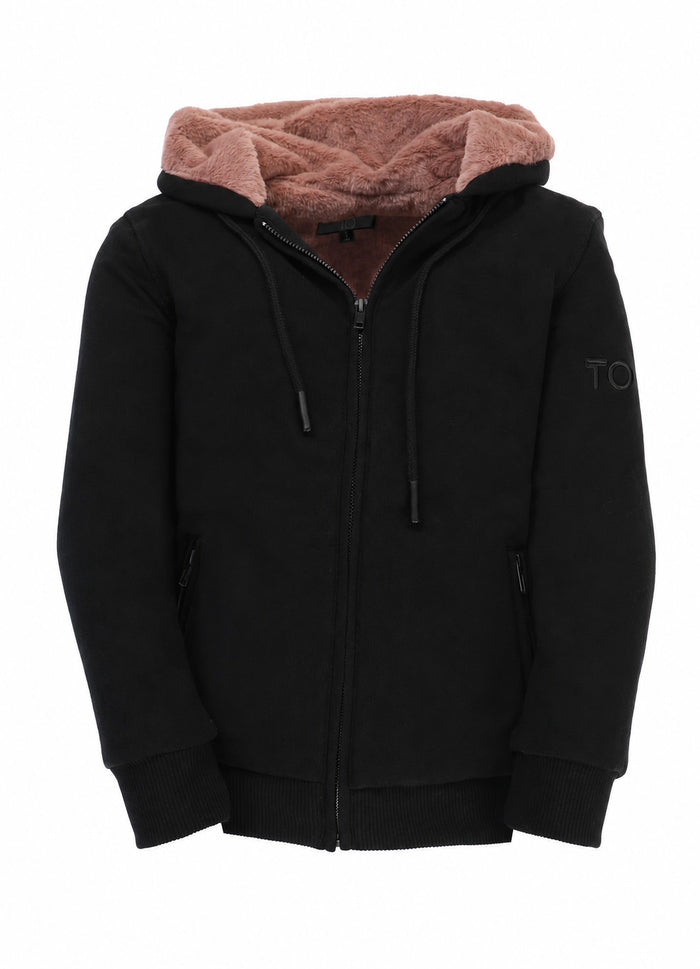 Kids Black Fully Lined Fur X Style Hoodie with thumb hole - Mauve