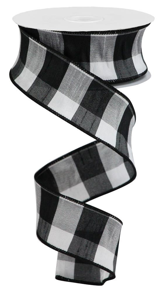 Large Check Faux Dupioni Wired Edge Ribbon - 1.5 Inch x 10 Yards (Black, White)