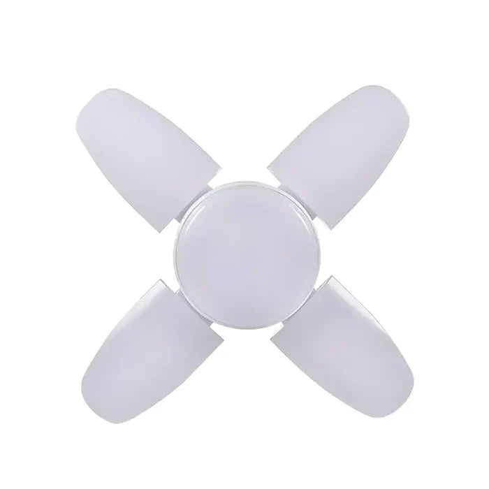 A white ceiling fan with four blades