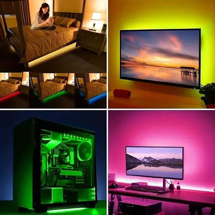 A col of four pictures of a man sitting in a bed