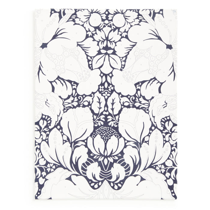 The Liberty London 9 x 12 Paint by Number Kit Glastonbury features a detailed black and white floral design with symmetrical, stylized flowers and leaves, inspired by classic Glastonbury patterns for a decorative, premium look.