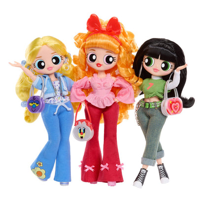 Three colorful dolls with different hairstyles and outfits on a white background - Powerpuff Girls - Blossom - Buttercup and Bubbles